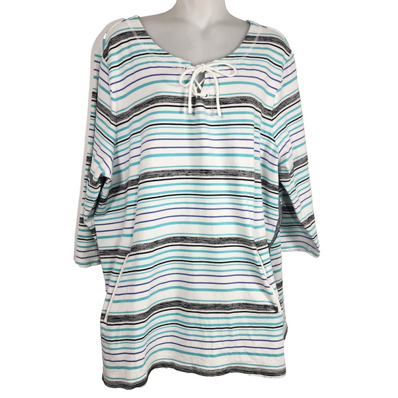 Talbots Tops - T By Talbots Womens Top Preppy Stripe Laceup Pullover 3/4 Sleeve Relax Pocket 2X